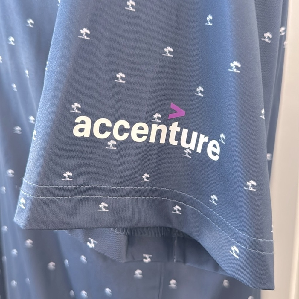 Men's Adidas Golf Polo Shirt Size L Navy Blue Pine Tree Print w/Accenture Logo - Picture 9 of 9